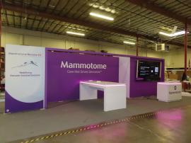 Modified Gravitee GK-2018 Modular Inline with SEG Fabric Graphics, Storage Closet, Monitor Mounts, MOD-1596 Counter with RGB Accent Lights, and MOD-1732 Genius Bar with Wireless Charging Pads and RGB Accent Lights